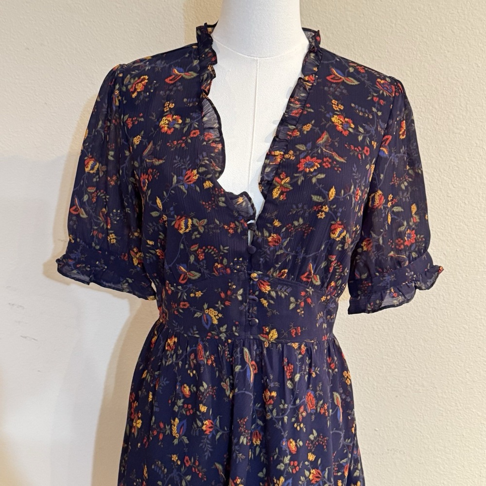 Madewell Floral Ruffle Mini Dress 0 Navy Climbing Vine Cottagecore Boho